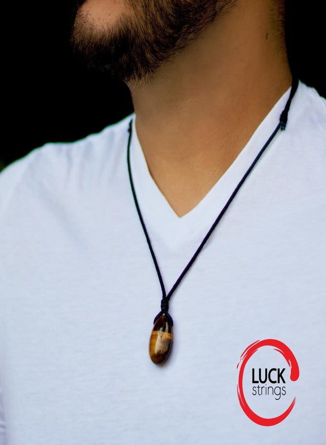 Luck Strings قلادة من حجر عين النمر الطبيعي من لاك سترينغز - مجوهرات كريستالية للجنسين لتخفيف القلق والشفاء الروحي - حبل قابل للتعديل - هدية للرجال والنساء (جلد أسود) - Image 2